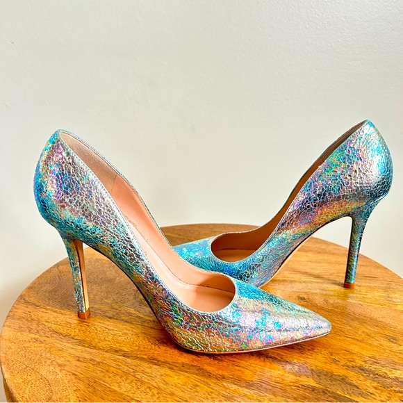 Kate Spade NWOB Larissa Blue Swirl Iridescent Crackle Genuine Leather 4”Heels 5M - Picture 4 of 15